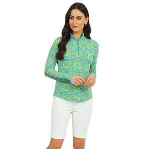 Ibkul Scarlet Zip Long Sleeve Mock Neck Long Sleeve Top Blue Combo XS UPF 50